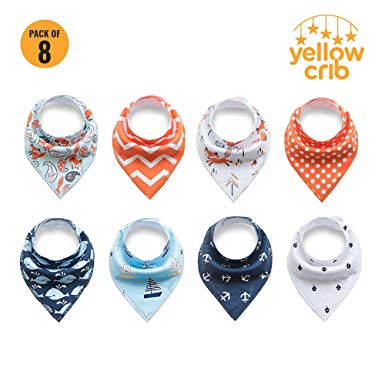 Yellow Crib Baby Bandana Drool Bibs- 100% Organic Cotton 8-Piece Set Baby Bibs, Blue, Orange