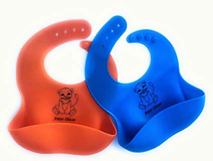 Amor Decor Easy to clean soft flexible silicone baby bib Set of 2 colors Orange & Blue WATER PROOF Pocket crumb catcher & baby Lion on front Perfect bibs for Toddlers and Babies!