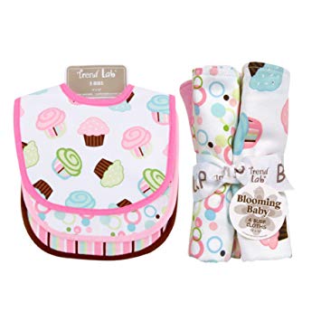 Trend Lab 3 Piece Bib and 4 Piece Burp Cloth Set, Cupcake