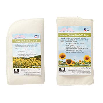 NuAngel All-Natural Single Layer Cotton Burp Cloths and All-Natural Washable Cotton Wipes Set