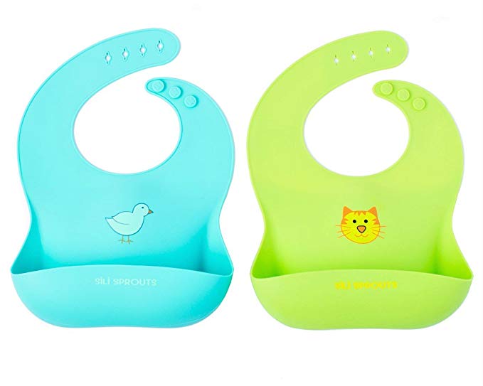 100% Premium Waterproof Silicone Baby Bib FDA CPSIA Certified! Set of 2 Colors+2 Designs