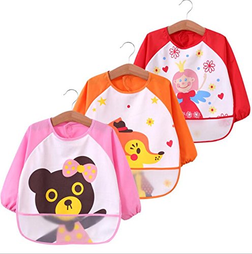 Kids Arts Craft Painting Apron Unisex Infant Toddler Baby Waterproof Sleeved Bib, Cute animals, Set of 3, 6-36 months