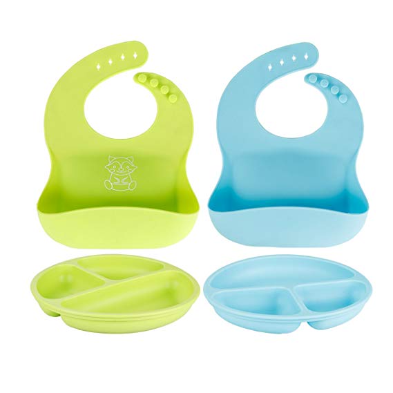 Baby bibs silicone,silicone bib with pocket and Silicone Grip Dish Adjustable Soft Feeding Bibs Set of 2 Blue & Green by AWSTECH