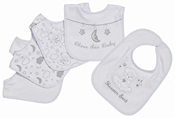 Little Beginnings 5 Piece Baby Unisex Bibs, Heaven Sent, White