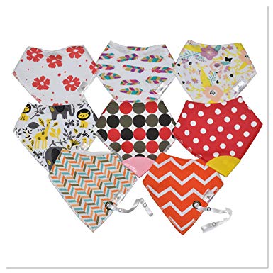 PACKAGE OF 8 BABY GIRL BANDANA BIBS EXTRA-SOFT 100% ORGANIC COTTON 100% POLAR FLEECE SUPER ABSORBENT FOR TEETHING, DROOLING, AND FEEDING INCLUDED 2 TEETHERS AND 2 PACIFIER HOLDERS