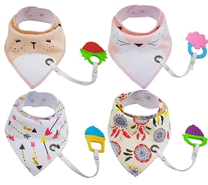 Baby Bandana Bibs With Teether Toys Set 4 Pack 100% Cotton Soft and Absorbent Theething Bibs with Adjustable Snaps