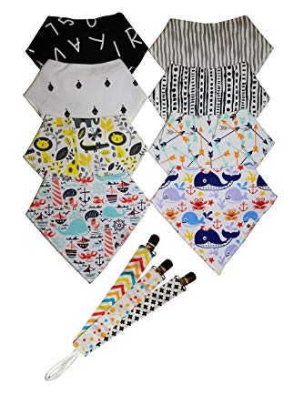 Baby Bandana Drool Bibs 8-Pack 100% Organic Cotton With Absorbent, Comfortable Polyester Fleece. Choose Boys or Girls Design. BONUS 3 Clips for Pacifier & Teething Toys. Excellent Baby Shower Gift