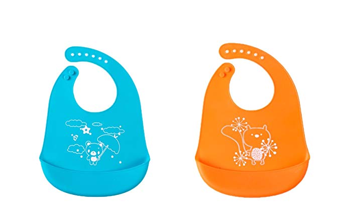 Yoyolala Silicone Bib Easily Wipes Clean！Waterproof and leakproof Baby Bibs Children eat meal Bib Mother and baby supplies,Set of 2 Colors(Orange / light blue)