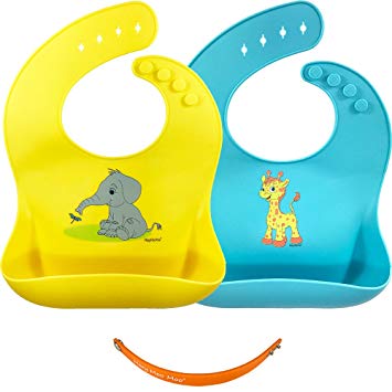 Silicone Bib Set, 2 Baby Bibs with Travel Strap, Easy Clean Drool Bibs, Silicone Baby Bib with Food...