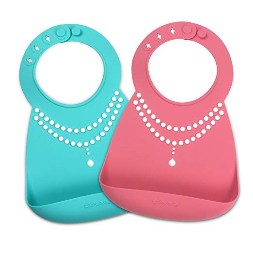 Luxcathy Set of 2 Silicone Baby Bibs, Waterproof with Reinforced Buttonholes New Design for Babies and Toddlers