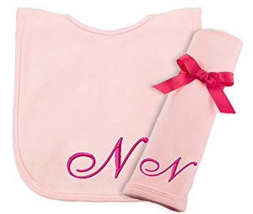 Princess Linens Embroidered Cotton Knit Bib and Burp Set - Pink, N