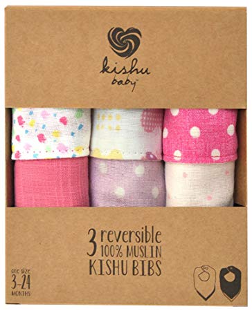 Baby Girl Bandana Bibs by Kishu Baby - One Size Reversible Cotton Muslin - Set of 3 with Snaps