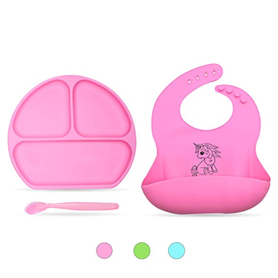 Suction Plate for Toddlers, Silicone Baby Bib and Spoon -Baby Feeding complete set.