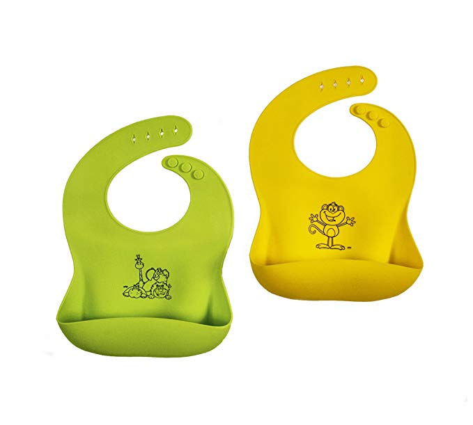 Waterproof Silicone Baby Bibs Make Perfect Unique Baby Gifts, Soft Silicone is Comfortable and Flexible, Large Pocket Catches Food and Keeps Baby Clean, Dishwasher Safe, Wonderful Baby Shower Gifts