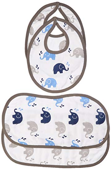 Bacati Elephants Muslin 4 Piece Set of Burpies or Bibs, Blue/Grey