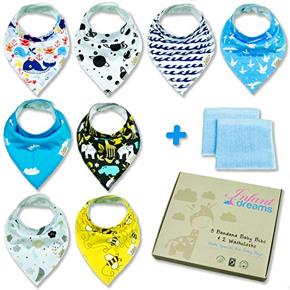 Bandana Baby Drool Bibs and Washcloths for Boys by Infant Dreams, 8-Pack Bibs 2-Pack Washcloths 100 Percent Organic Cotton, Cute for Newborn Baby Shower. Soft, Absorbent and Hypoallergenic