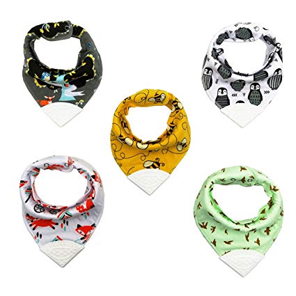 Modern Lifestyle Solutions Baby Bandana Drool Bibs With Teether - 5-Pack - Cotton Muslin, BPA Free Silicone Non-Toxic Food Grade Teether for Boys & Girls