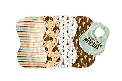 Wild West 5PK Burp Cloths for Boys- 4 Double Sided Microfiber Terry Burp Cloths and Matching Bib Set, Extra Large, For Newborns, Baby Shower Gift