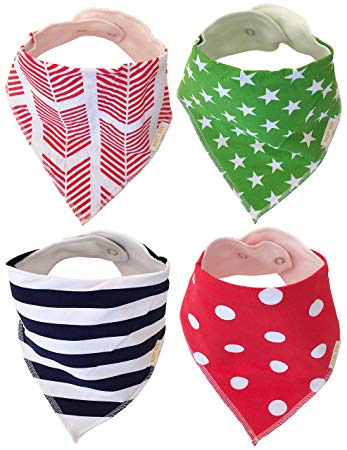 Bandana Baby Bibs and Burp Cloths by Balmy Baby. Set of 4 Baby Bibs with 2 Button Snaps