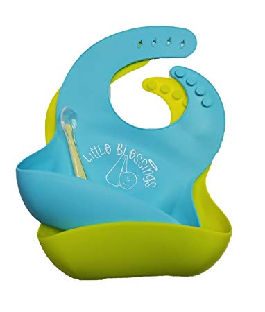 Little Blessings Silicone Baby Bib, Washable, Comfortable, Waterproof, Free Silicone Spoon, for...