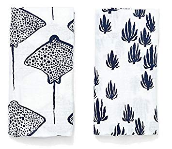 Lewis 2-Piece Organic Cotton Muslin Burp Cloths Seaweed and Stingray Prints 100% GOTS Certified...