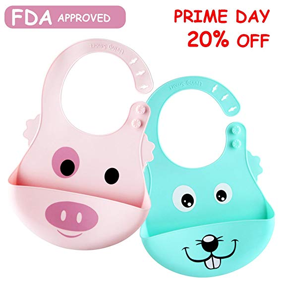 Waterproof Silicone Baby Bibs for Babies & Toddlers (2 PCs) with Food-grade FDA Approved Silicone and Big Roll Up Pocket 78.8g Super Light Pink Pig and Blue Dog Animal Cute Design Bucket Bib