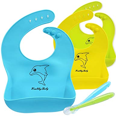 3 Pack Baby Bibs with Reinforce Buttonholes and Stay-open Pocket, Waterproof Silicone Bib for Baby at Different Ages