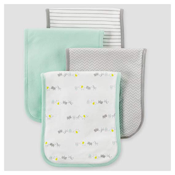 Carter's Just One You Baby Burp Cloth 4 Pack Set Unisex, Boy Girl Mint Green Grey White Animals