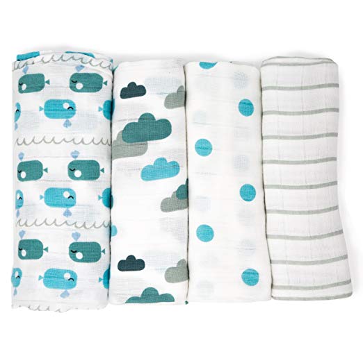 Emma & Noah Muslin Swaddle Blankets, 4 Pack, 100% Cotton, 31.5 x 31.5 inch