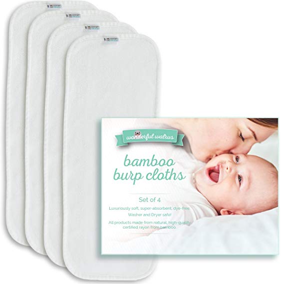 Wonderful Walrus BAMBOO BURP CLOTHS Set of 4. Magically Absorbent and Super Soft for baby. Large, Dye-free, Natural White.