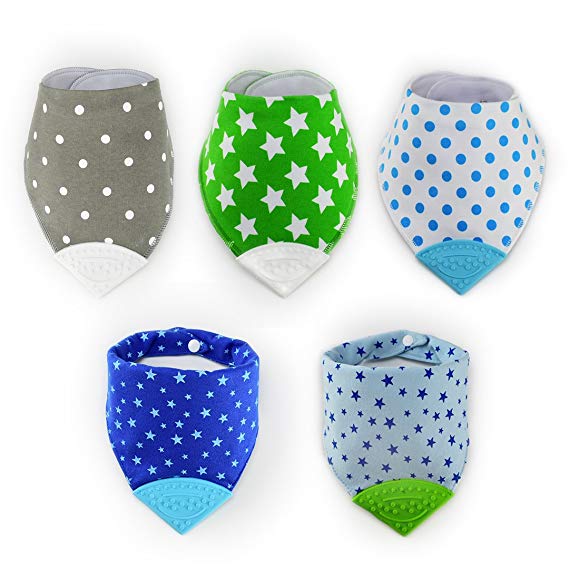 Apanda Baby Bandana Teething Bibs (5-set) with BPA-Free Silicone Teether and Water-Resistant Snap for Boy and Girl