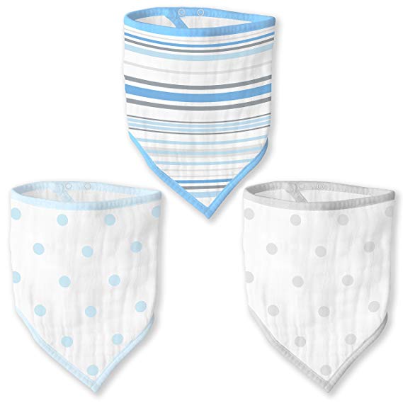 SwaddleDesigns Cotton Muslin Bandana Bib, 3 pack, Blue