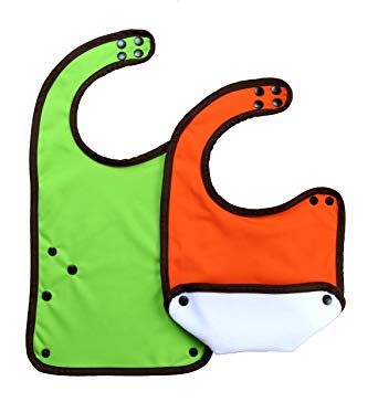 Color of Life Non-toxic SnapDragon Unisex Multi-stage Bibs with Waterproof Spill Pocket – 2 Pack (Orange/Green)