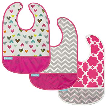 Kushies Cleanbib Waterproof Bib 12M+ Girl 3-Pack White Doodle Hearts/Fuchsia Modern Flowers/Fuchsia...