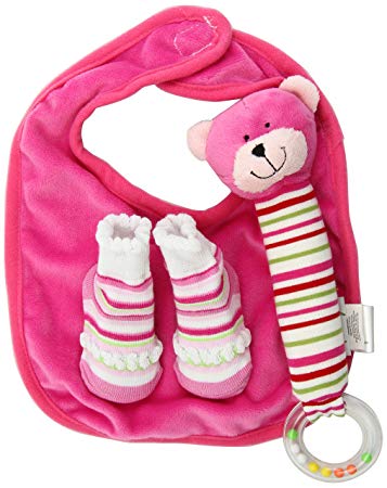 Stephan Baby Ultra Soft Plush Chewbie Squeaker Rattle, Bootie Socks and Reversible Bib Gift Set,...